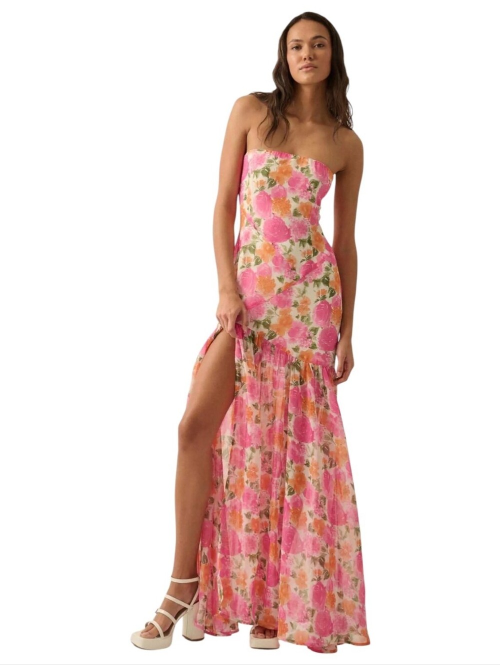 12th Tribe LaBelle Strapless Drop Waist Pink Floral Maxi Dress